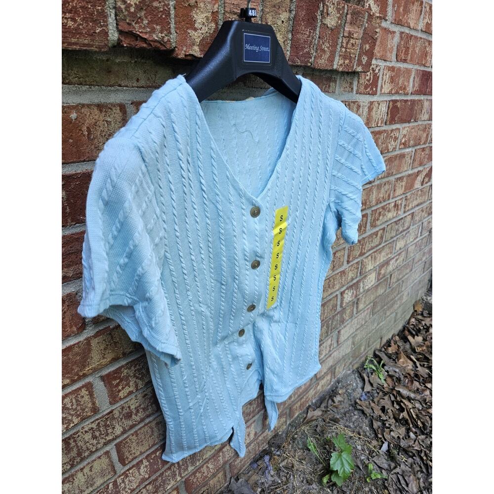 NWT Weatherproof Vintage Cable Knit Shirt S Flutter Sleeve Button Tie Front